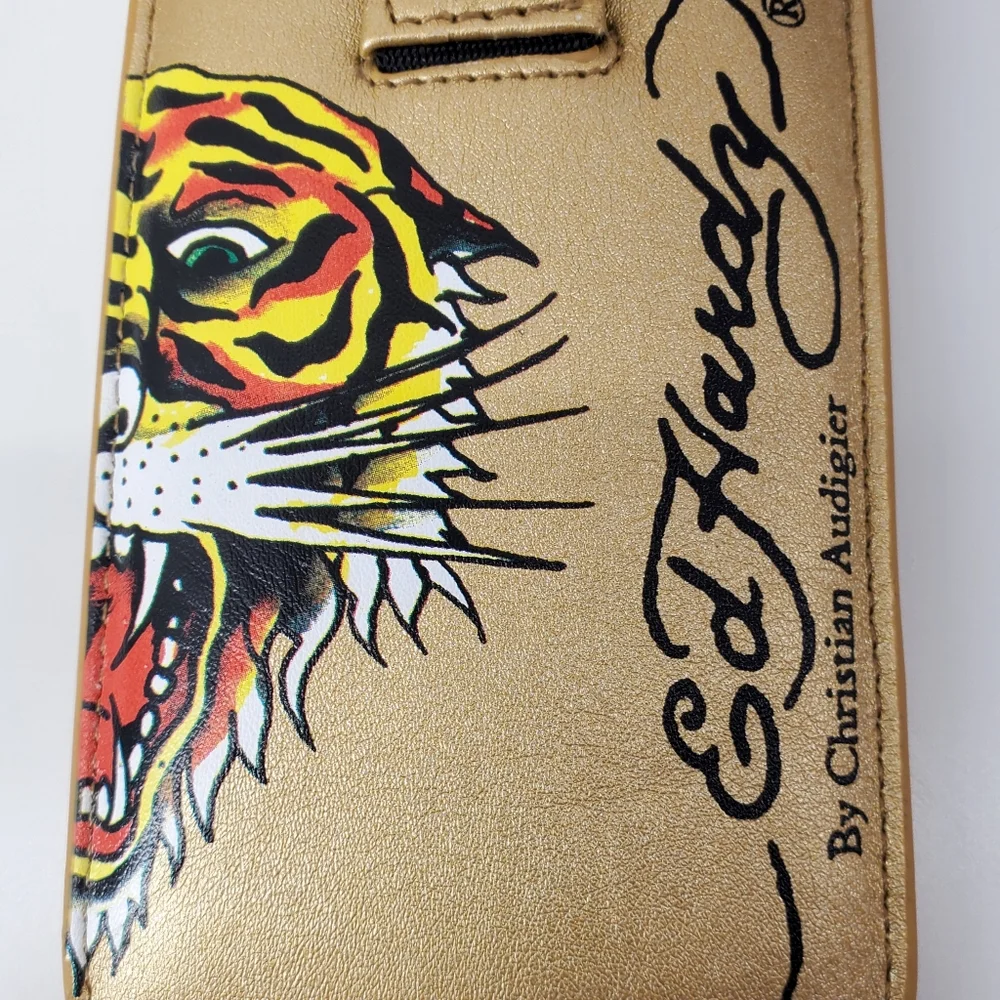 ED HARDY GOLD UNIVERSAL CELL PHONE CASE WITH LEATHER PULL & SNAP CLOSURE. $48.00